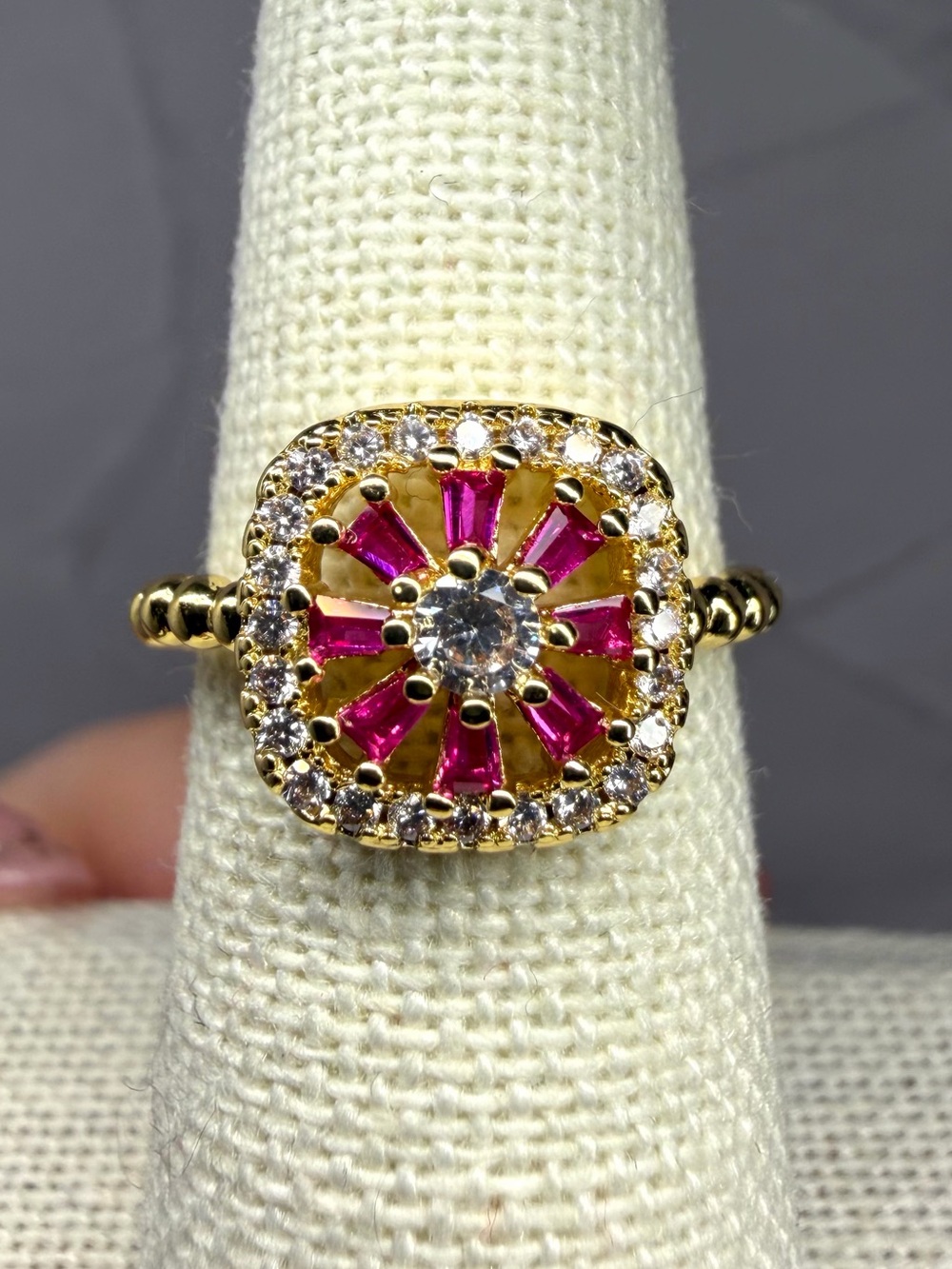 Adjustable 18K Gold-Plated Ring with Pink Baguette CZ Halo Clear CZ GP NEW